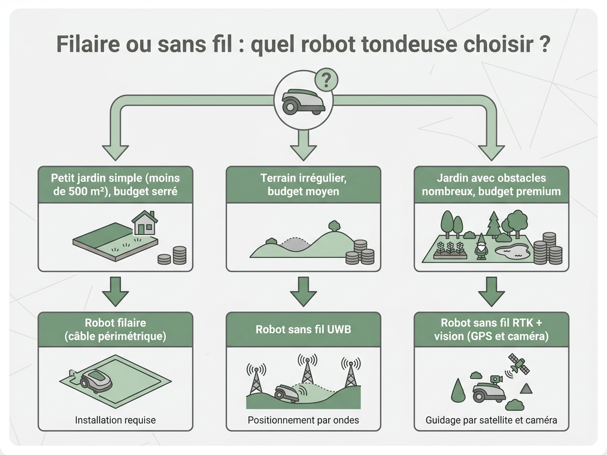 Infographie : filaire ou sans fil, quel robot tondeuse choisir selon le jardin et le budget