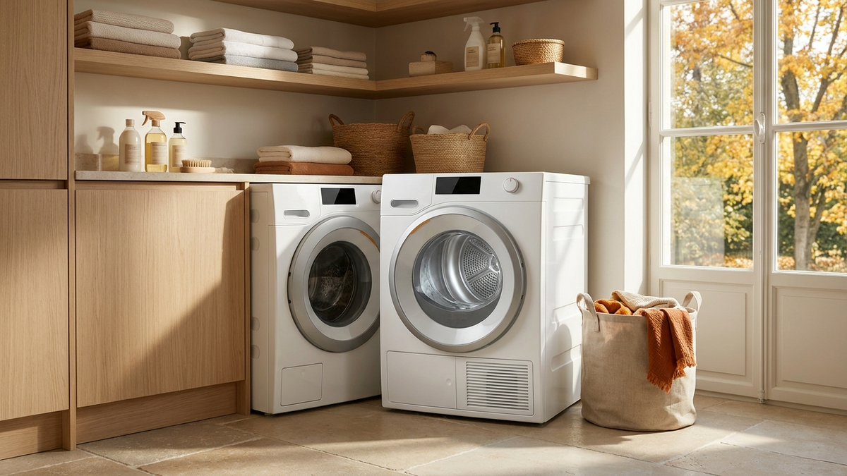 Sèche-linge blanc moderne dans une buanderie lumineuse en fin d'après-midi d'automne