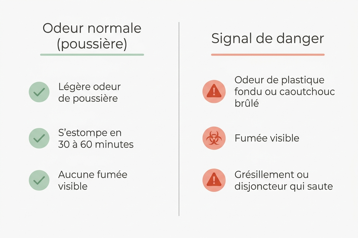Comparatif entre odeur normale de poussière et signal de danger sur un sèche-linge