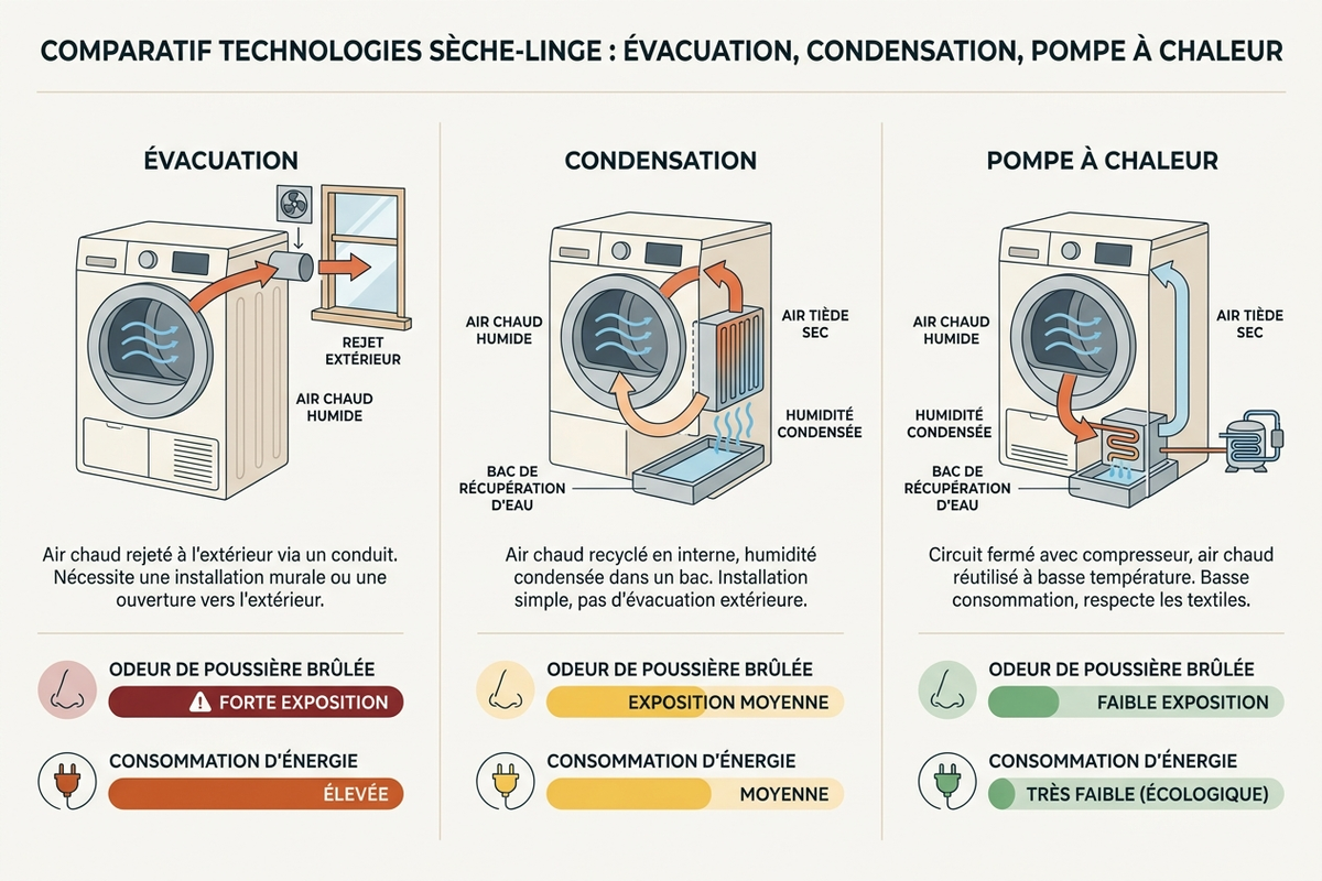 Comparatif de trois technologies de sèche-linge face au risque d'odeur de poussière brûlée et à la consommation d'énergie
