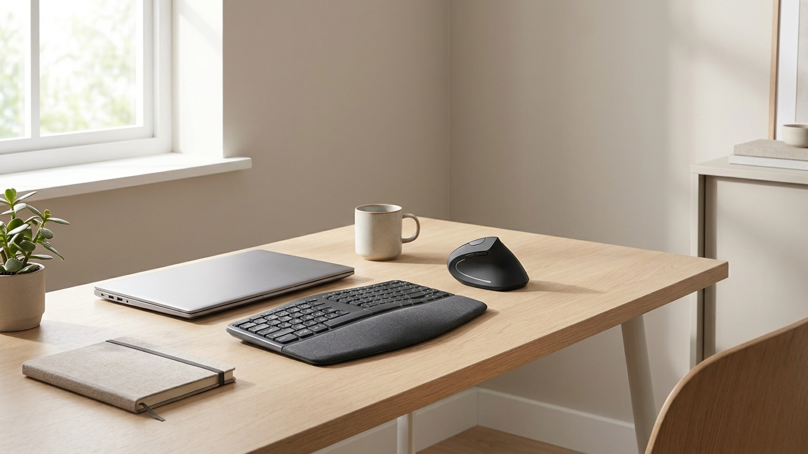 Bureau professionnel avec une souris verticale et un clavier ergonomique posés à côté d'un ordinateur portable, lumière naturelle du matin
