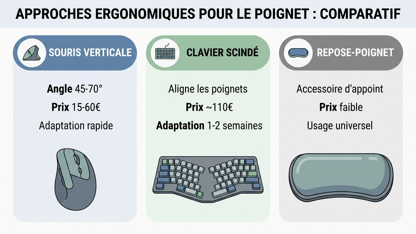 Infographie comparant souris verticale, clavier scindé et repose-poignet selon angle, prix et période d'adaptation