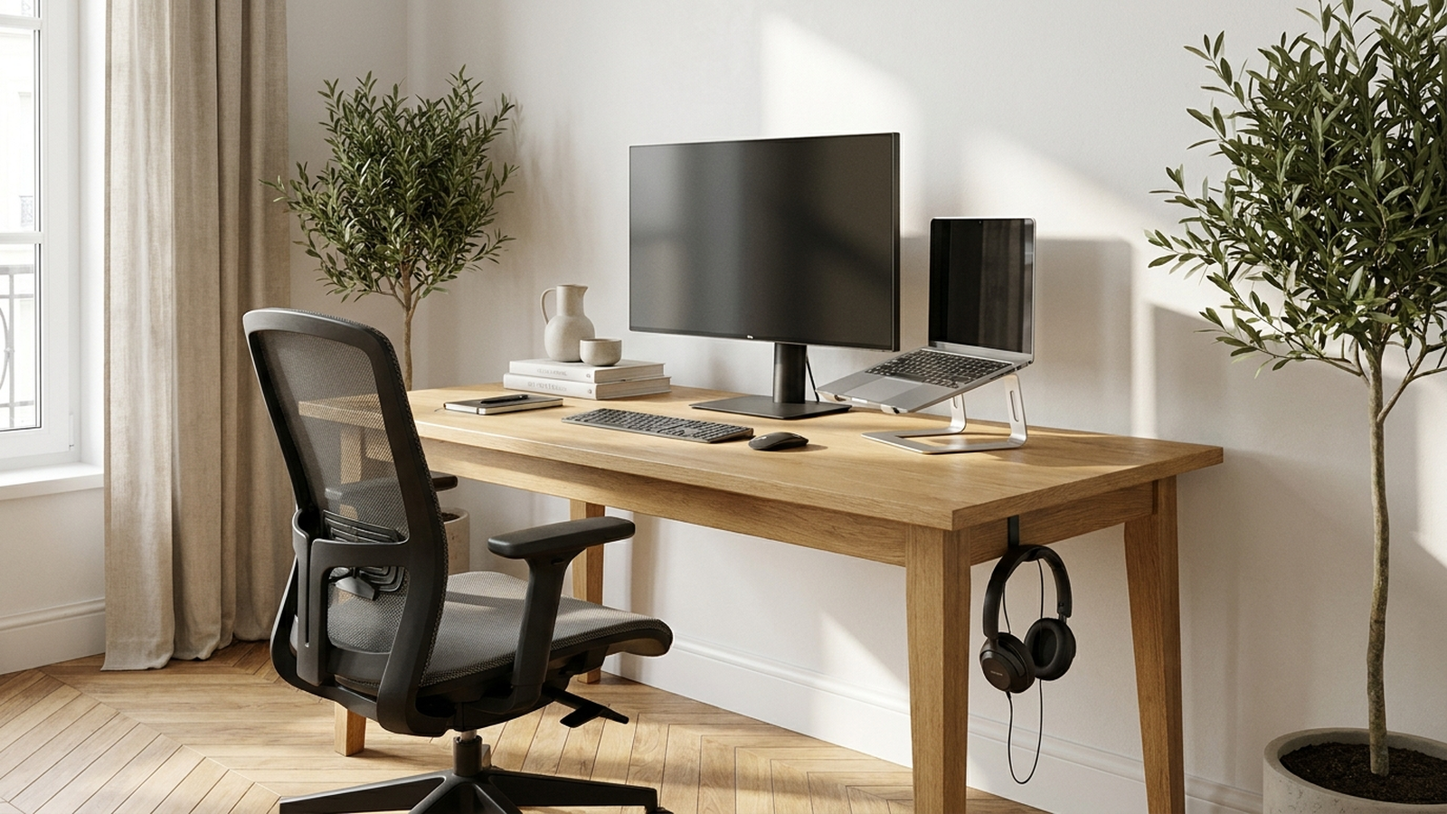 Poste de télétravail sobre et durable avec écran externe, clavier séparé et chaise ergonomique dans un salon lumineux