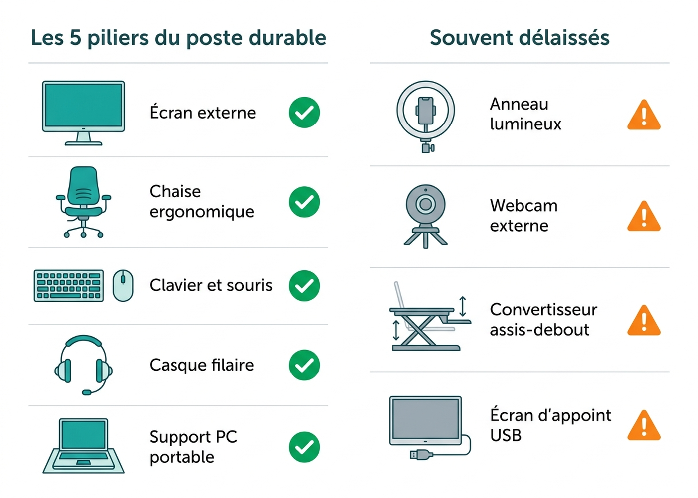 Infographie : les cinq piliers du poste de télétravail durable et les accessoires souvent délaissés