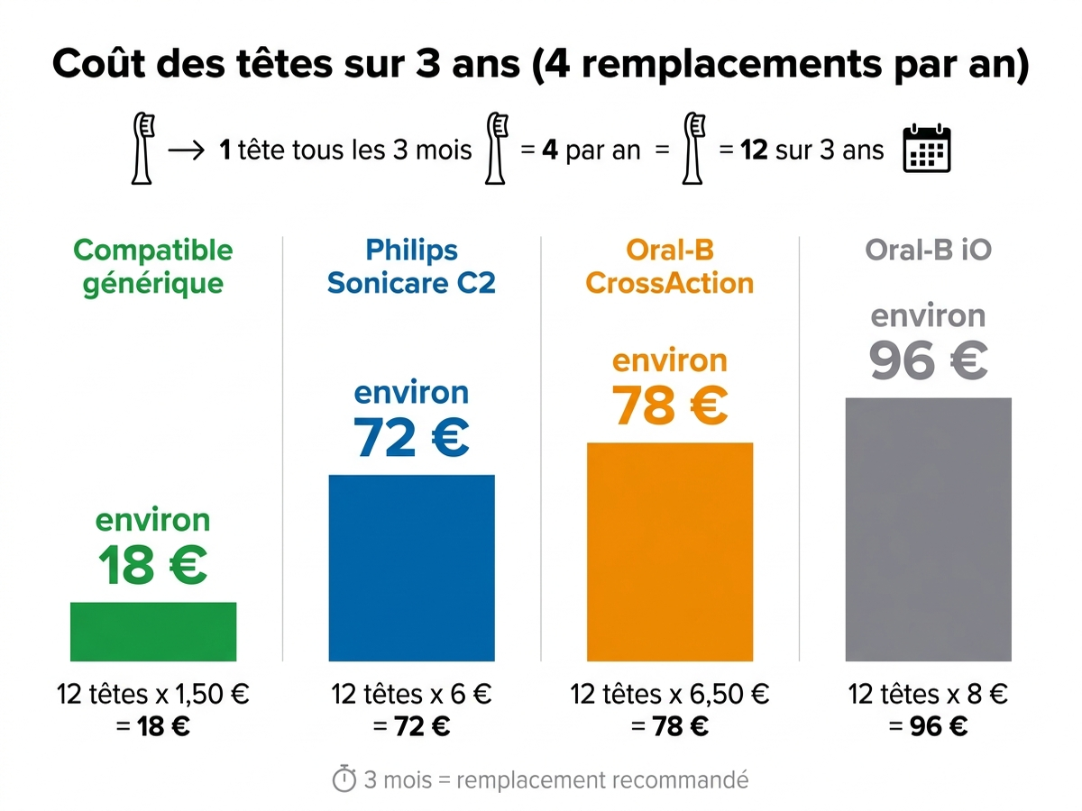 Infographie : coût des têtes sur 3 ans par marque (12 remplacements)
