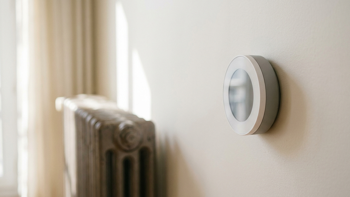 Thermostat connecté compact installé sur un mur clair dans un salon lumineux