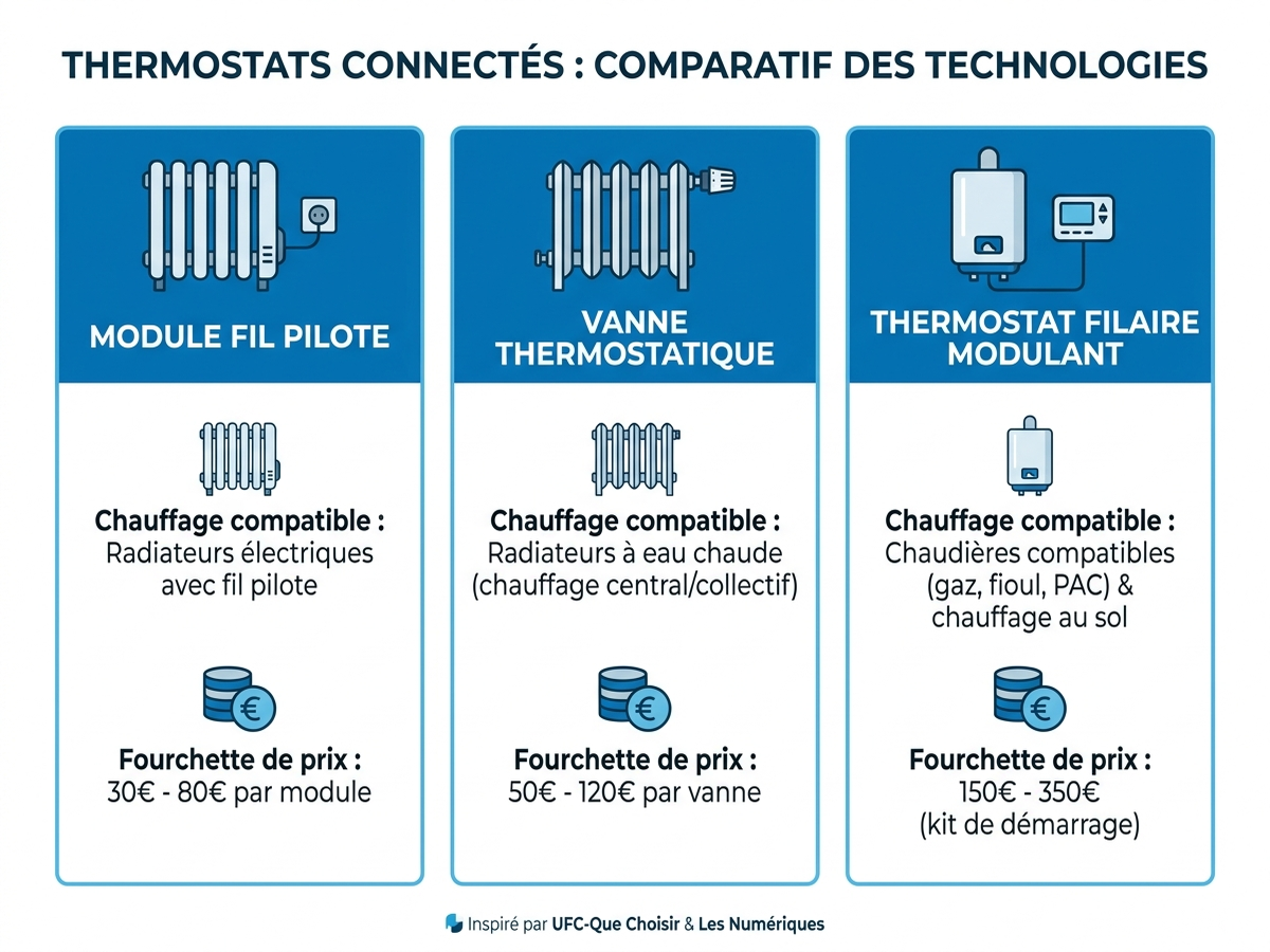 Infographie comparant trois technologies de thermostats connectés selon le type de chauffage ciblé