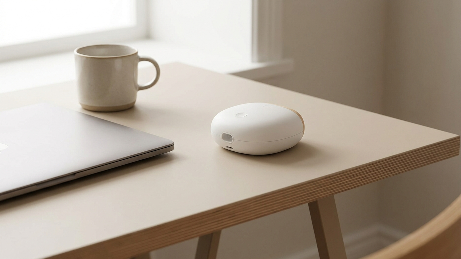 Tire-lait électrique compact posé discrètement sur un coin de bureau à côté d'un ordinateur portable