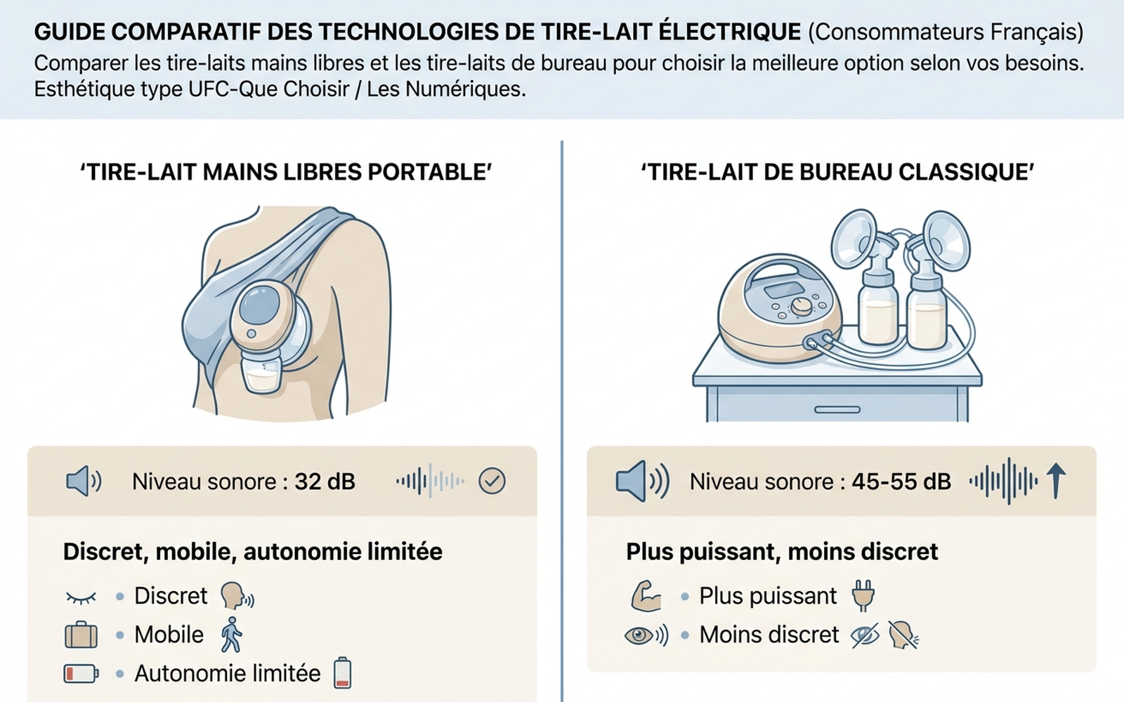 Comparaison tire-lait mains libres et tire-lait classique : niveau sonore et usage recommandé