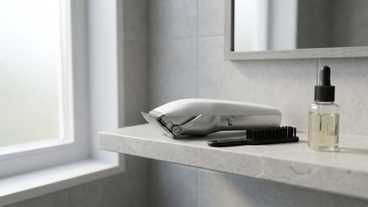 Tondeuse à cheveux posée sur un plan de salle de bain, avec accessoires de coupe