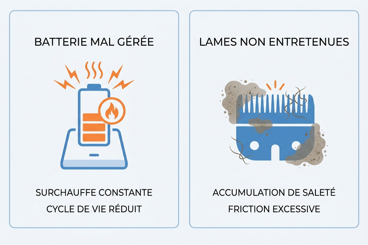 Infographie comparant les deux causes principales de panne précoce d'une tondeuse à cheveux : batterie mal gérée et lames non entretenues