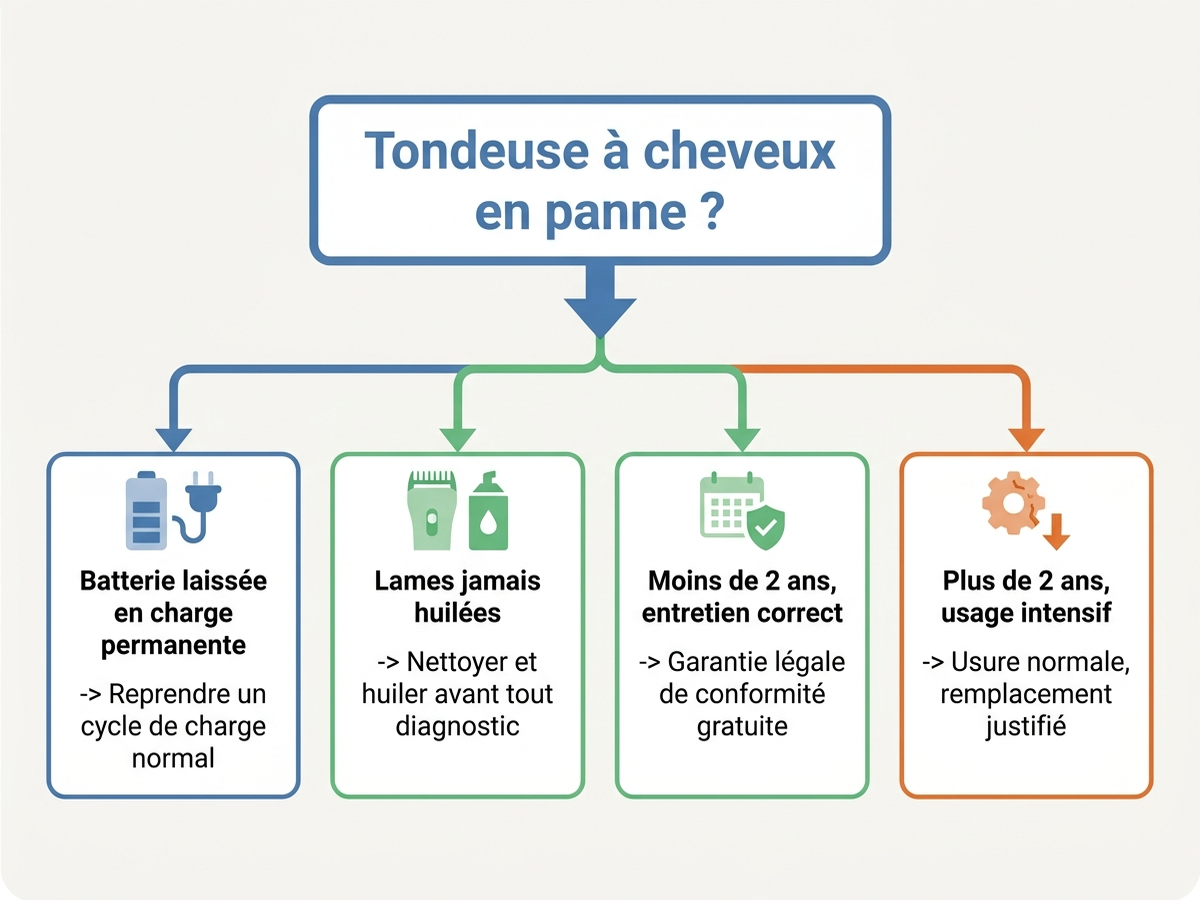 Arbre de décision pour diagnostiquer une panne de tondeuse à cheveux : entretien, garantie ou remplacement