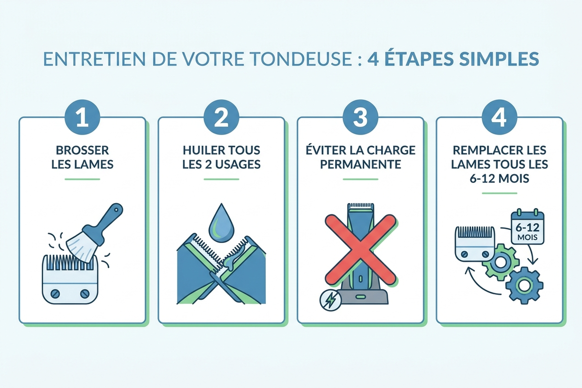Infographie en 4 étapes : routine d'entretien d'une tondeuse à cheveux (nettoyage, huilage, charge, rangement)