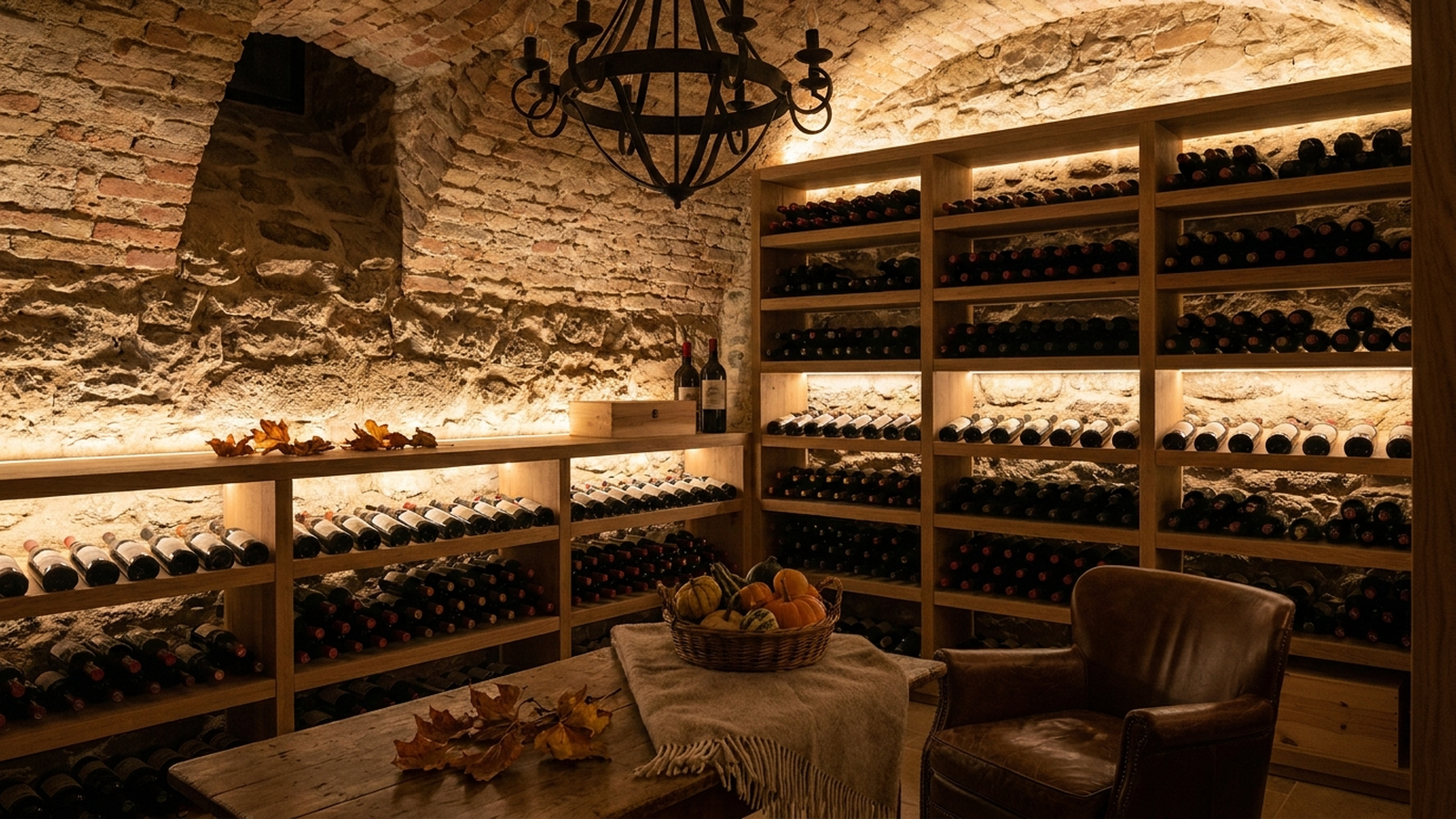 Cave à vin de particulier avec bouteilles couchées sur des casiers en bois, éclairage tamisé