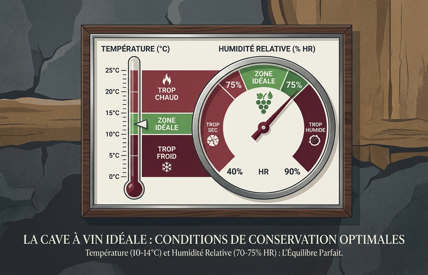 Repère cible pour une cave à vin : température 10-14°C et humidité relative 70-75%