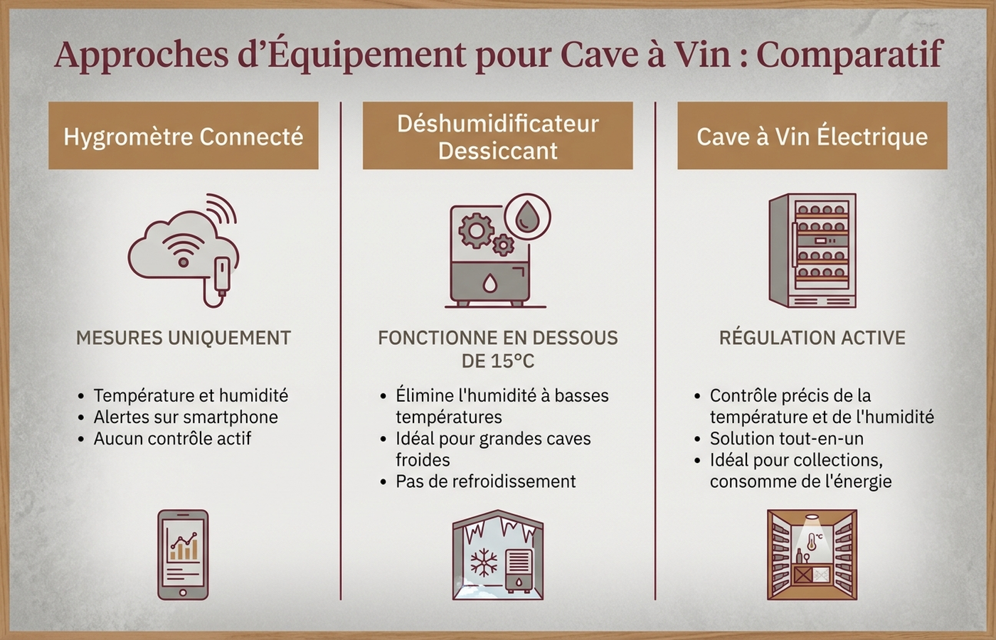 Infographie comparant hygromètre connecté, déshumidificateur dessicant et cave à vin électrique selon leur rôle dans une cave