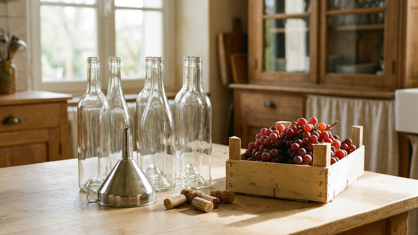 Bouteilles de vin vides, entonnoir et bouchons de liège posés sur une table en bois près d'une caisse de raisin