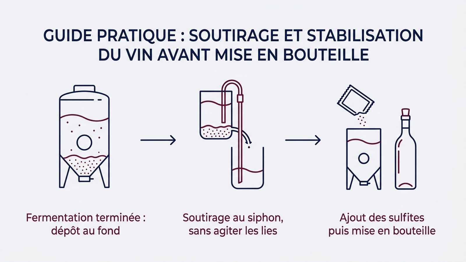 Infographie en trois étapes : fermentation terminée avec dépôt au fond, soutirage au siphon sans agiter les lies, puis ajout des sulfites avant mise en bouteille