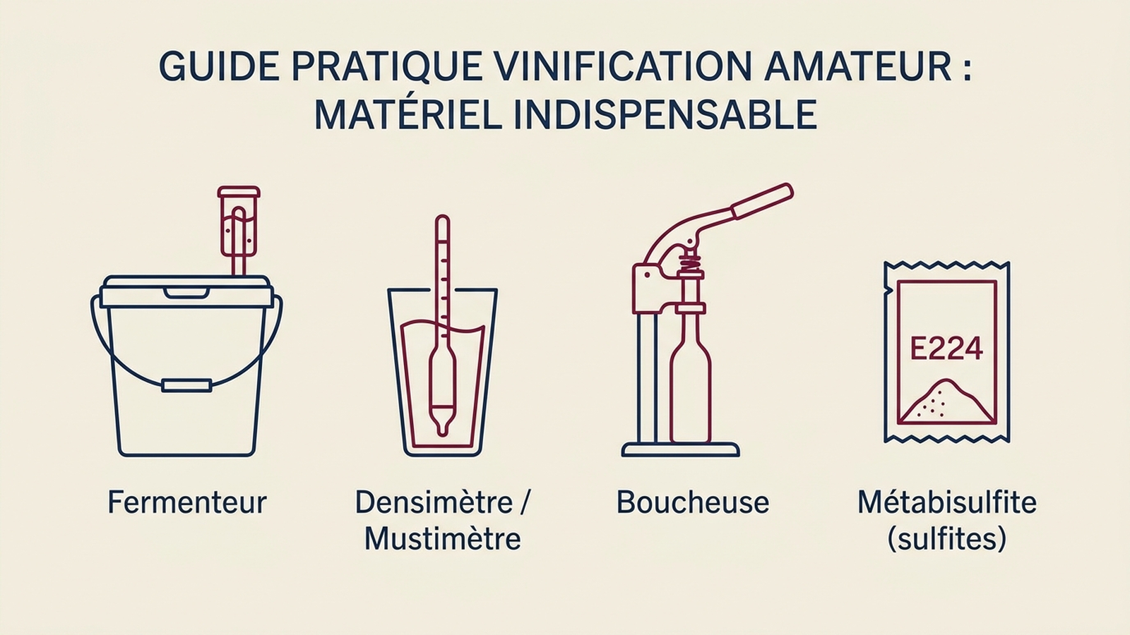 Infographie listant les quatre postes de matériel indispensables pour la vinification amateur : fermenteur, densimètre, boucheuse, sulfites