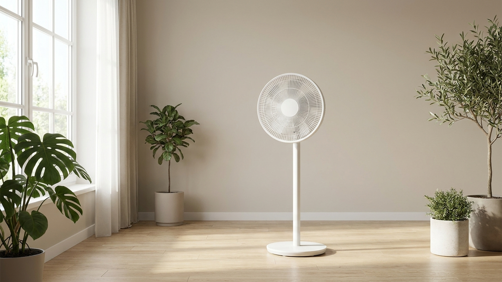 Ventilateur sur pied blanc dans un salon lumineux en été