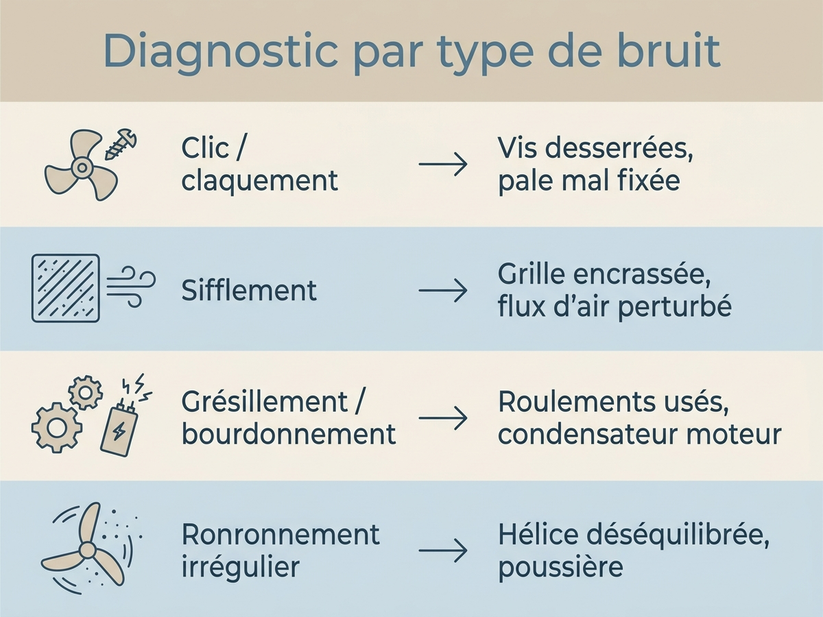Infographie : diagnostic d'un ventilateur par type de bruit