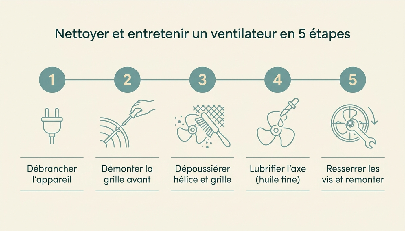Infographie : nettoyer et entretenir un ventilateur en 5 étapes