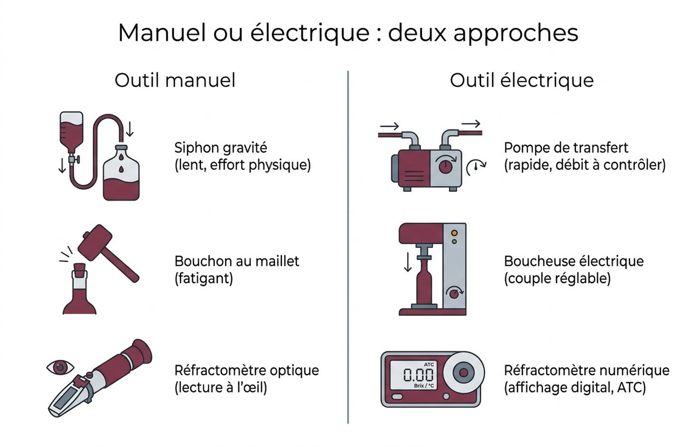 Comparatif manuel vs électrique : siphon, bouchon au maillet et réfractomètre optique face à leurs équivalents électriques