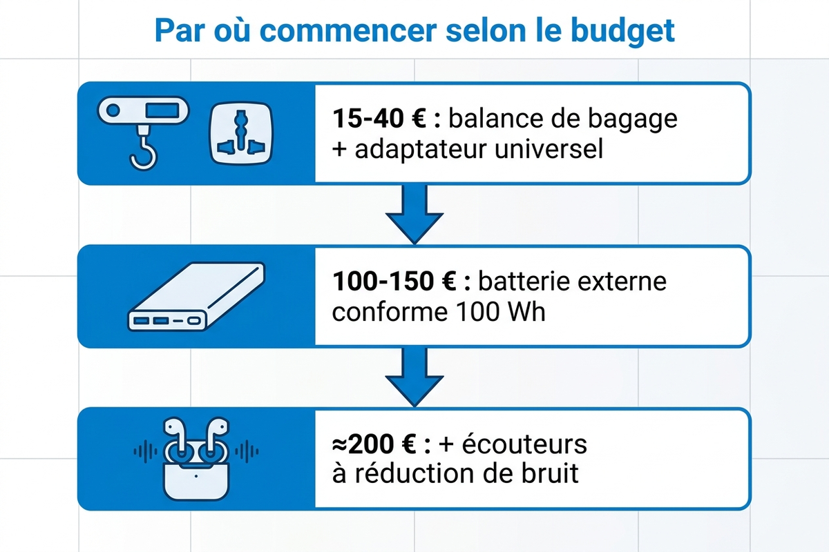 Arbre de décision : quel accessoire tech de voyage acheter en premier selon le budget disponible, de 15 euros à 200 euros