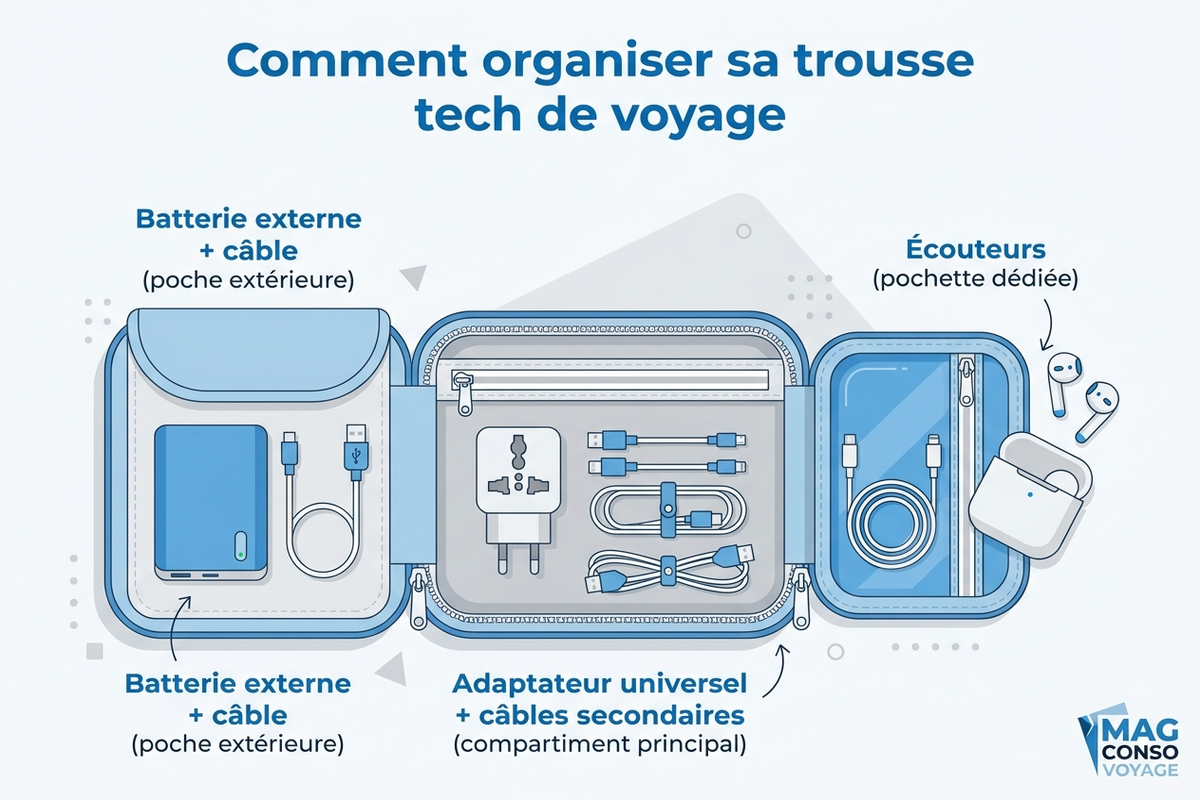 Guide illustré : comment organiser une trousse tech de voyage en bagage cabine, avec batterie, adaptateur, écouteurs et câbles rangés par usage