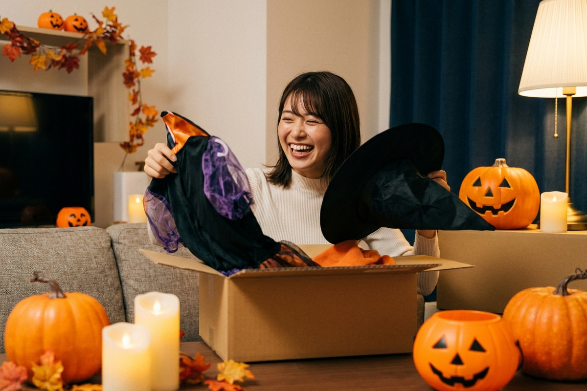 通販で届いたハロウィンコスチュームの箱を開けて喜ぶ女性