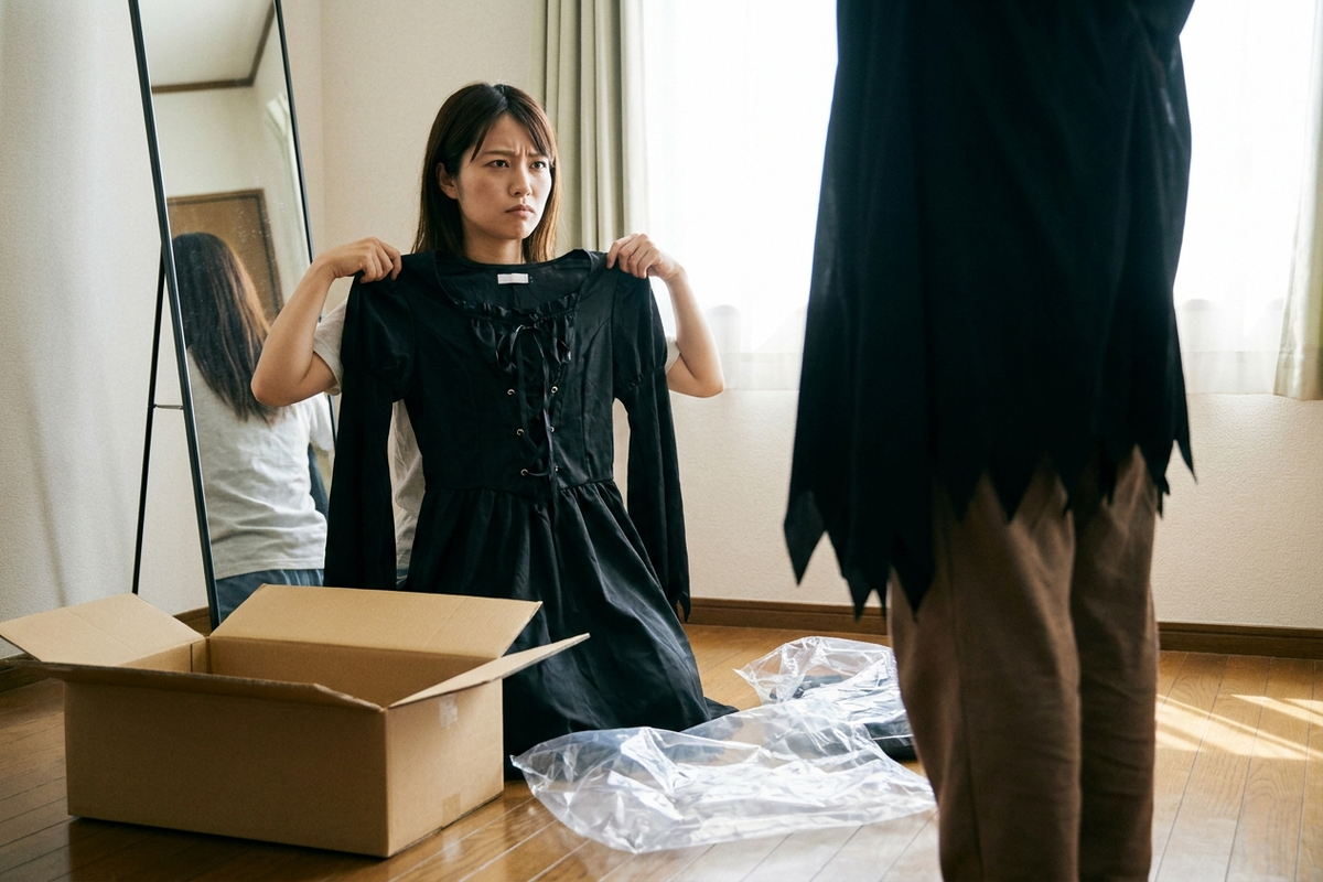 届いたコスチュームを鏡の前で試着してサイズを確認する女性