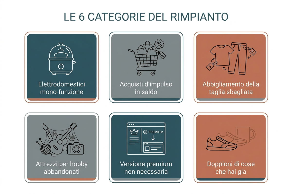 Infografica con le sei categorie di acquisti di cui ci si pente più spesso