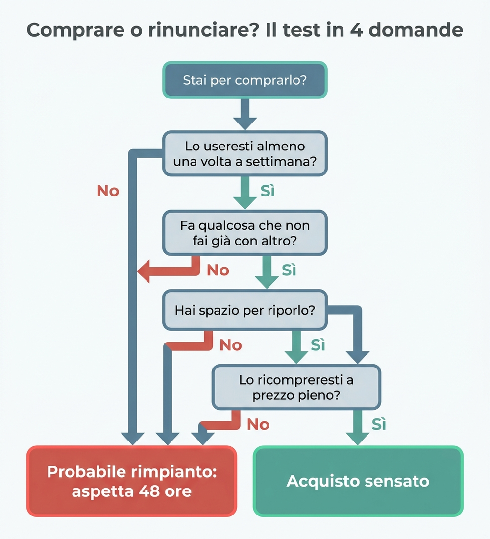 Diagramma di flusso con il test in quattro domande per decidere se comprare o rinunciare