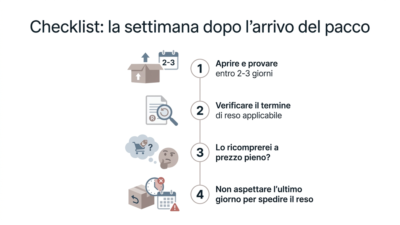 Albero decisionale con i passaggi da seguire nella settimana dopo l'arrivo di un pacco Prime Day, in italiano