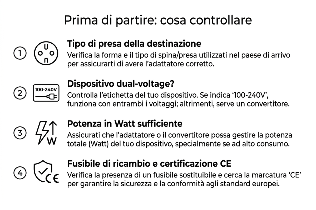 Diagramma con checklist da seguire prima di partire per verificare tipo di presa, tensione e potenza dell'adattatore da viaggio