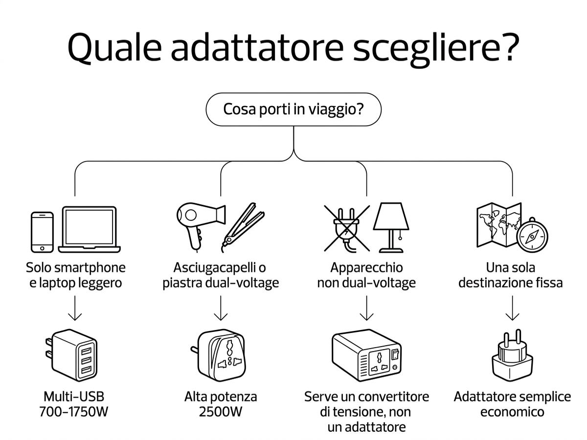 Albero decisionale per scegliere il tipo di adattatore da viaggio in base alla destinazione e agli apparecchi da portare