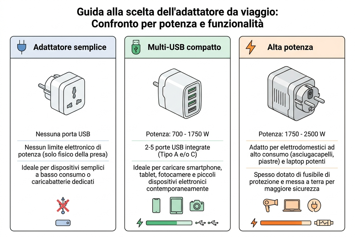 Infografica di confronto tra tre categorie di adattatori da viaggio: semplice, multi-USB e alta potenza, con Watt e prezzo indicativo