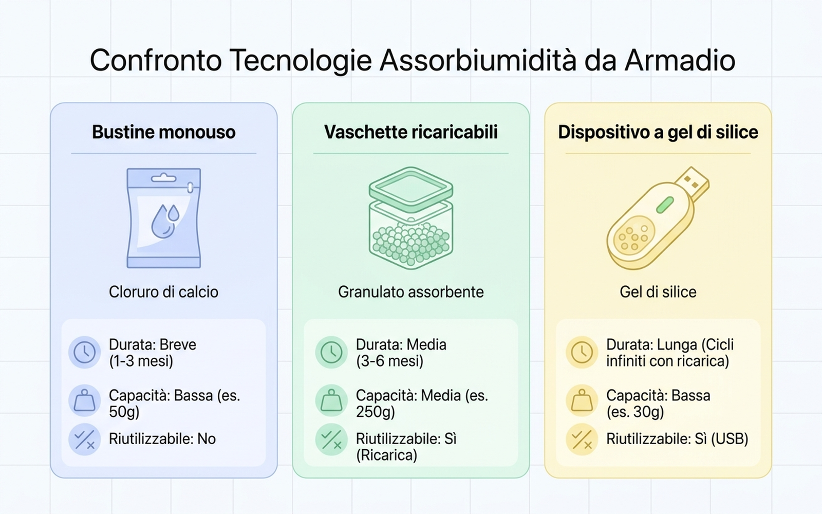 Infografica di confronto tra bustine monouso, vaschette ricaricabili e dispositivo a gel di silice