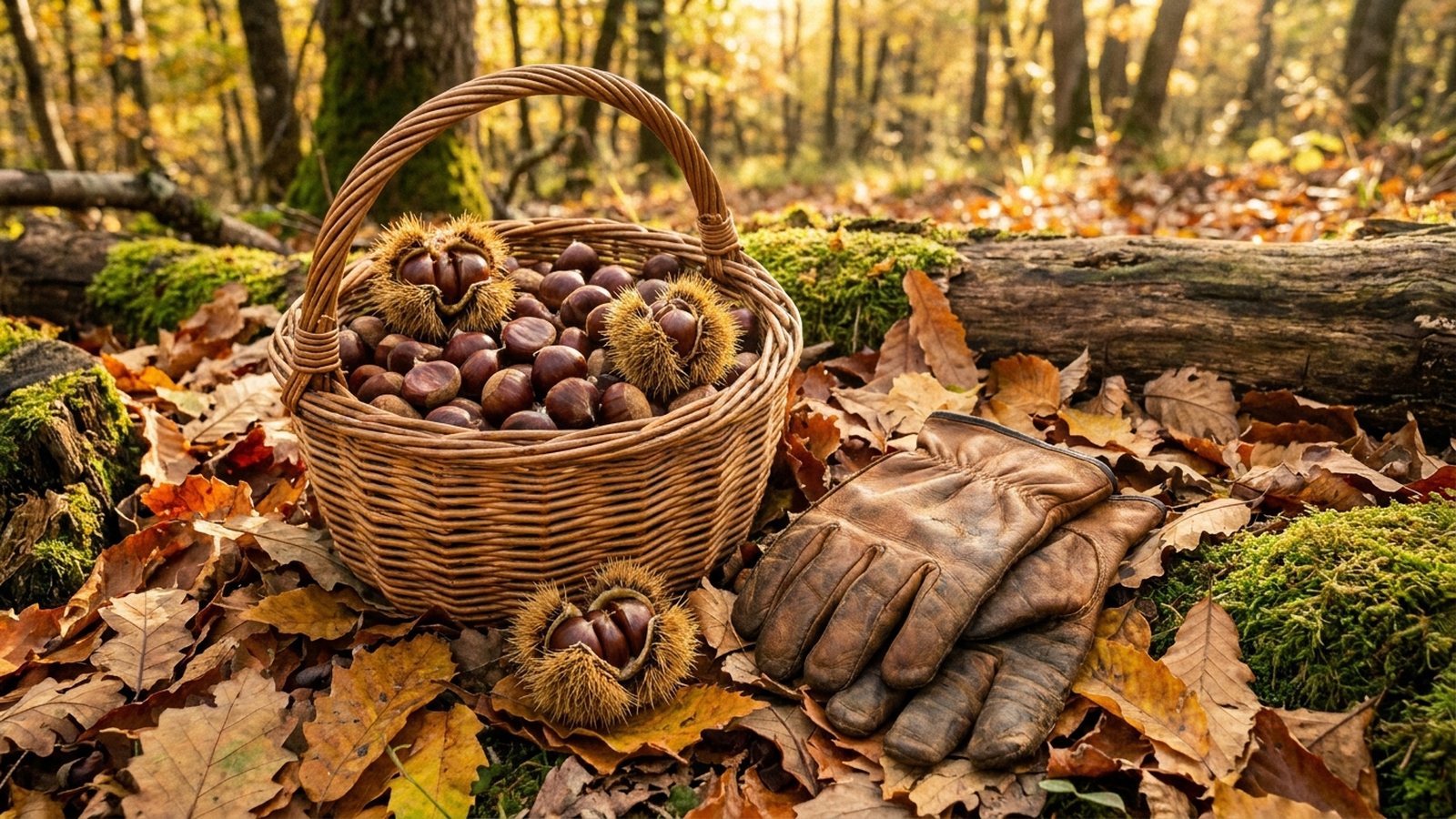 Castagne raccolte in un cesto di vimini con guanti da lavoro e un riccio aperto su foglie autunnali