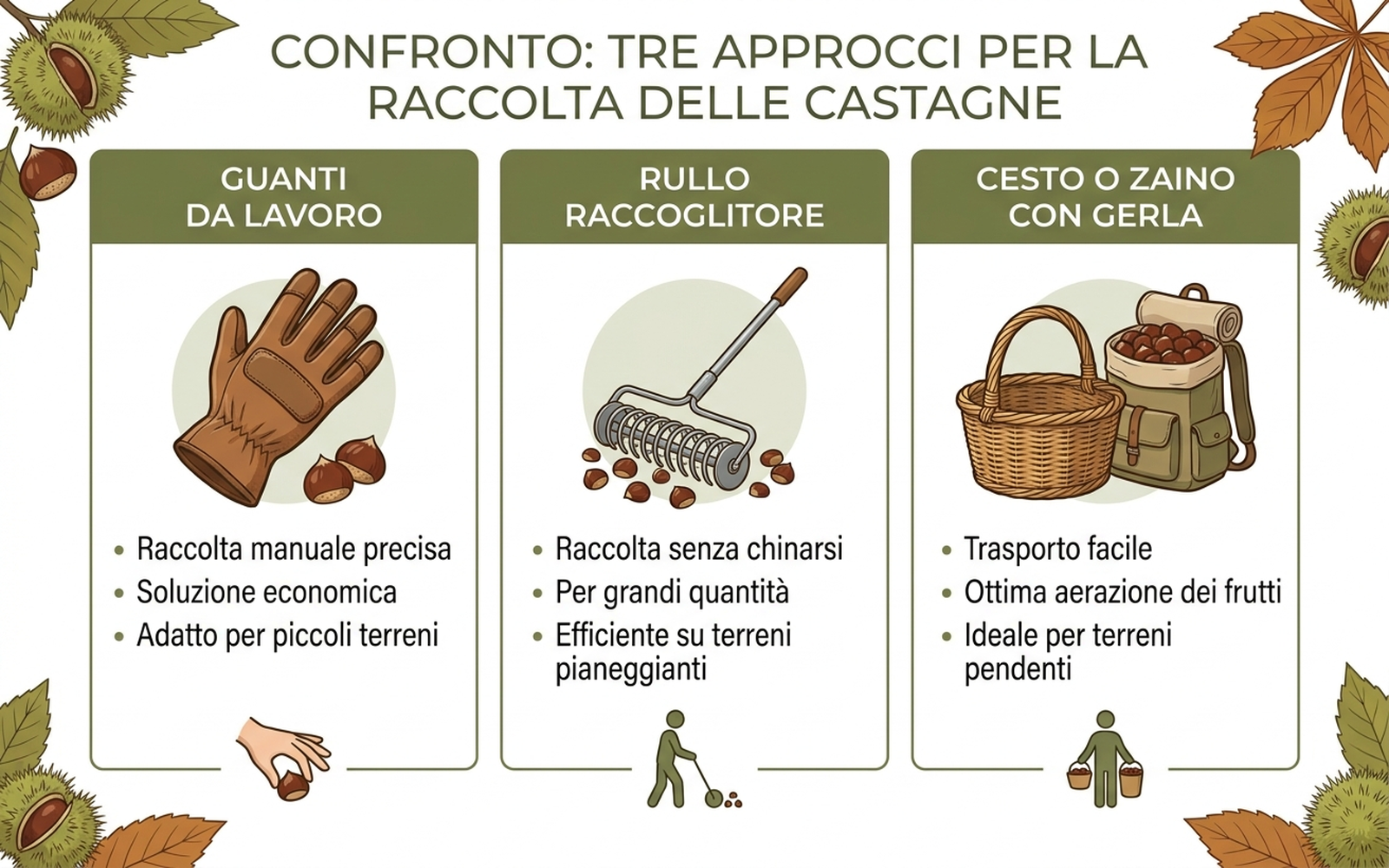 Infografica di confronto tra guanti da lavoro, rullo raccoglitore e cesto o zaino con gerla per la raccolta delle castagne