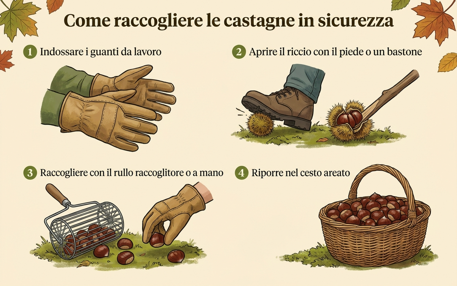 Diagramma in 4 passaggi per raccogliere le castagne in sicurezza: guanti, apertura del riccio, raccolta e cesto areato