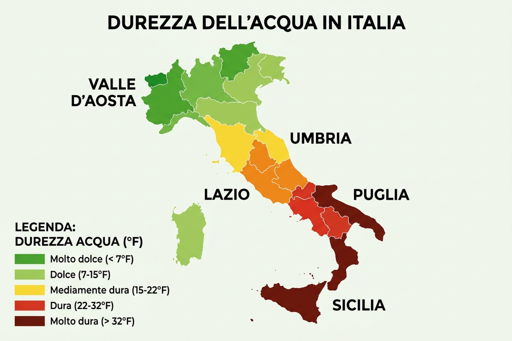 Mappa stilizzata dell'Italia con la durezza dell'acqua per area geografica in gradi francesi