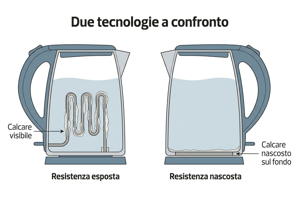 Infografica di confronto tra resistenza esposta e resistenza nascosta nei bollitori elettrici, con etichette in italiano