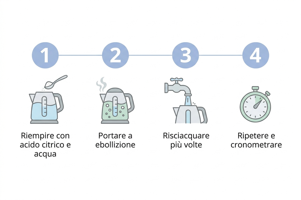 Diagramma con i passaggi del test di decalcificazione con acido citrico per bollitori elettrici