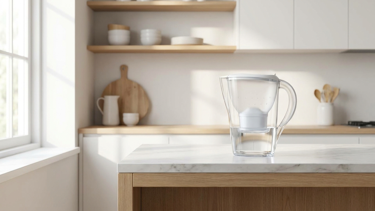 Caraffa filtrante trasparente con acqua su un piano cucina luminoso