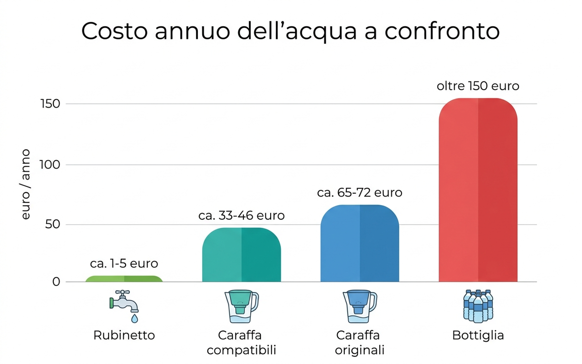 Confronto del costo annuo: rubinetto, caraffa filtrante con originali, con compatibili e acqua in bottiglia