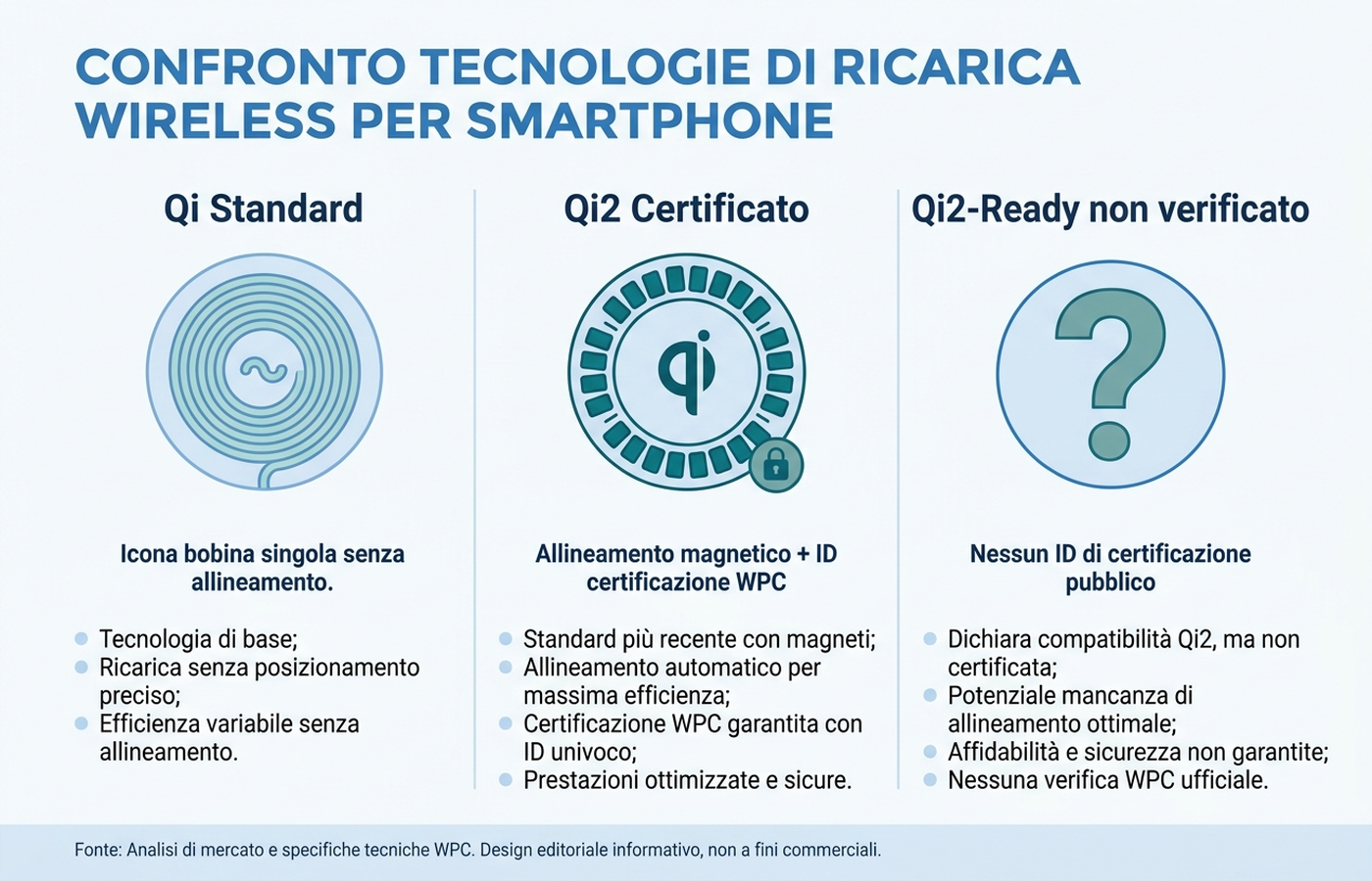 Infografica di confronto tra Qi, Qi2 e Qi2-Ready: allineamento magnetico, potenza dichiarata e verifica della certificazione