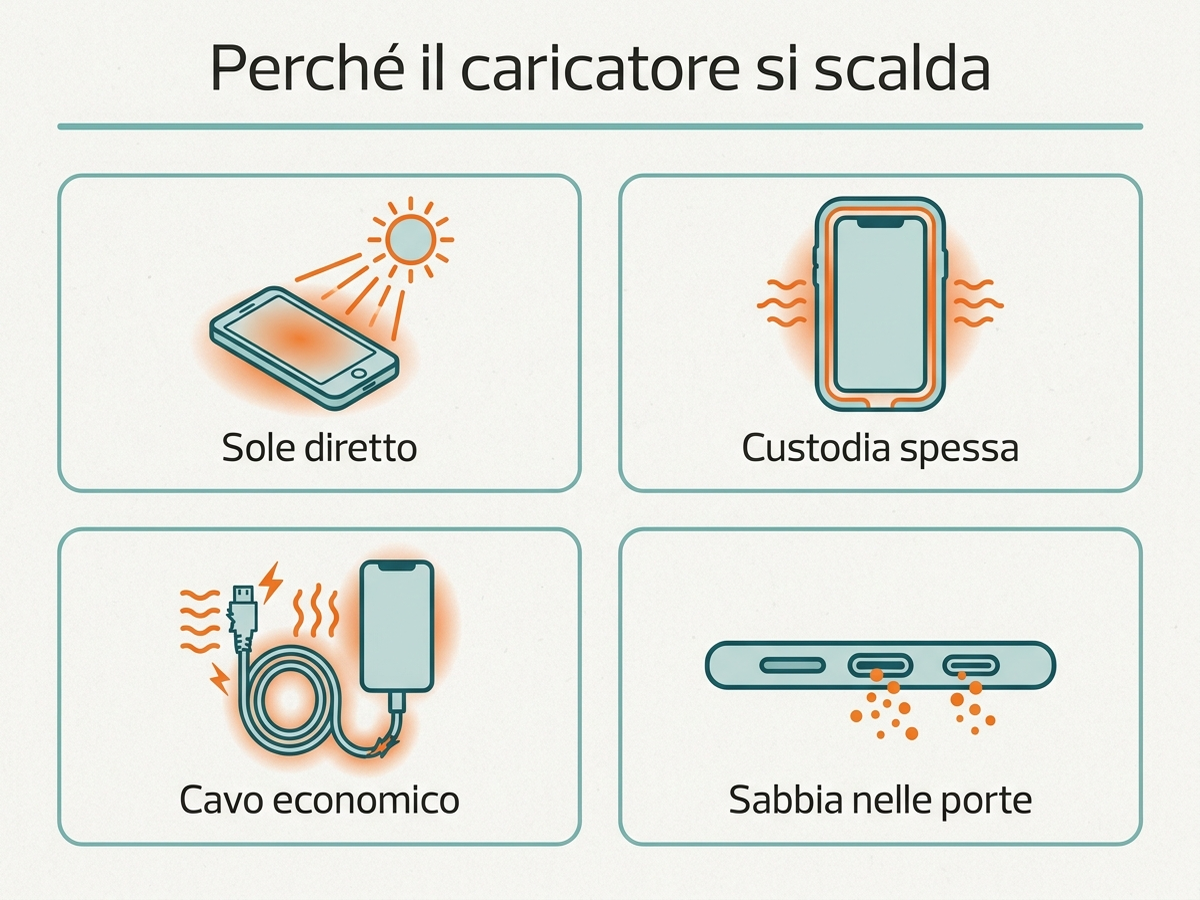 Infografica delle cause di surriscaldamento del caricatore in spiaggia: sole diretto, custodia, cavo economico, sabbia