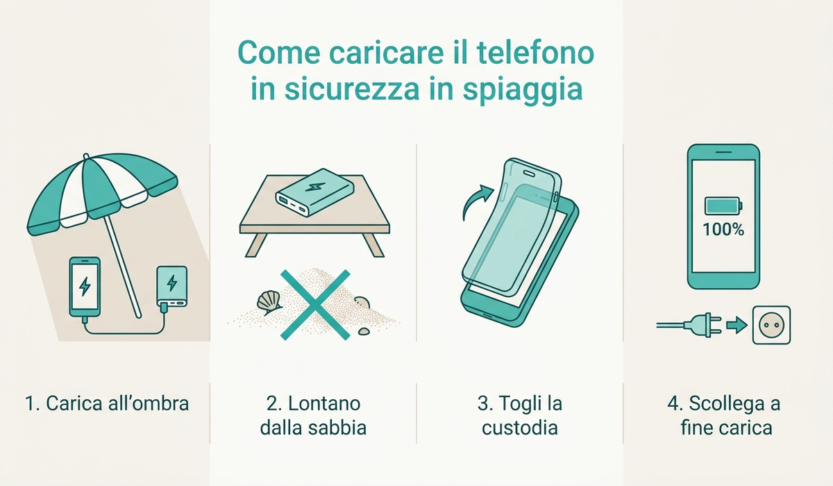 Guida in quattro passi per caricare il telefono in sicurezza in spiaggia: ombra, sabbia, distacco a fine carica, verifica cavo