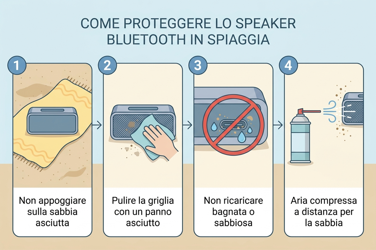 Diagramma: 4 accorgimenti pratici per proteggere una cassa Bluetooth in spiaggia